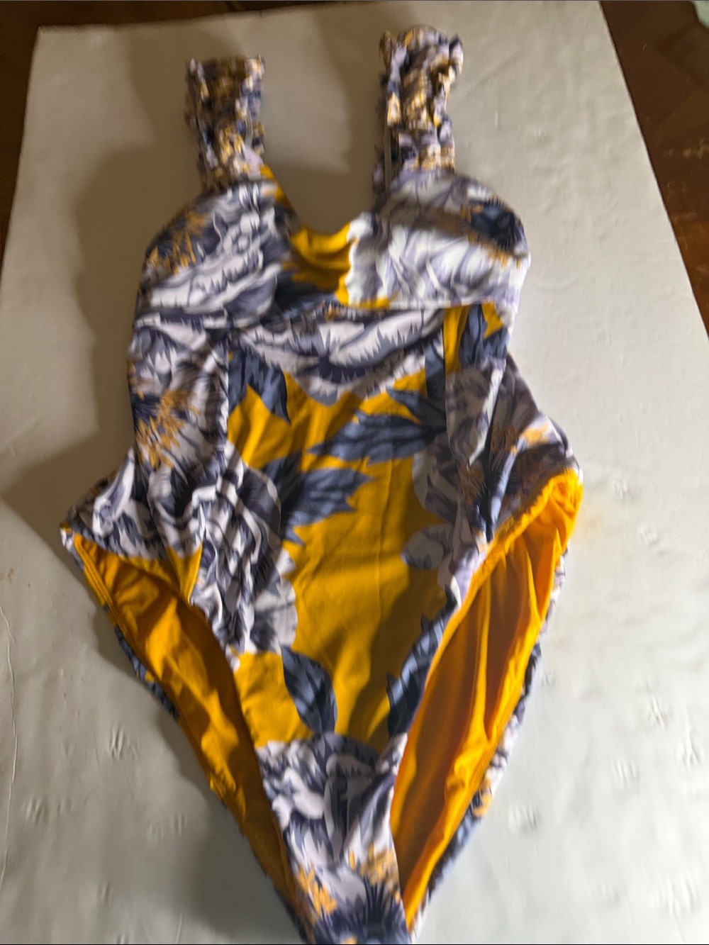 Maeve  by Anthropology Heidi Yellow and Navy Floral One-Piece Swimsuit